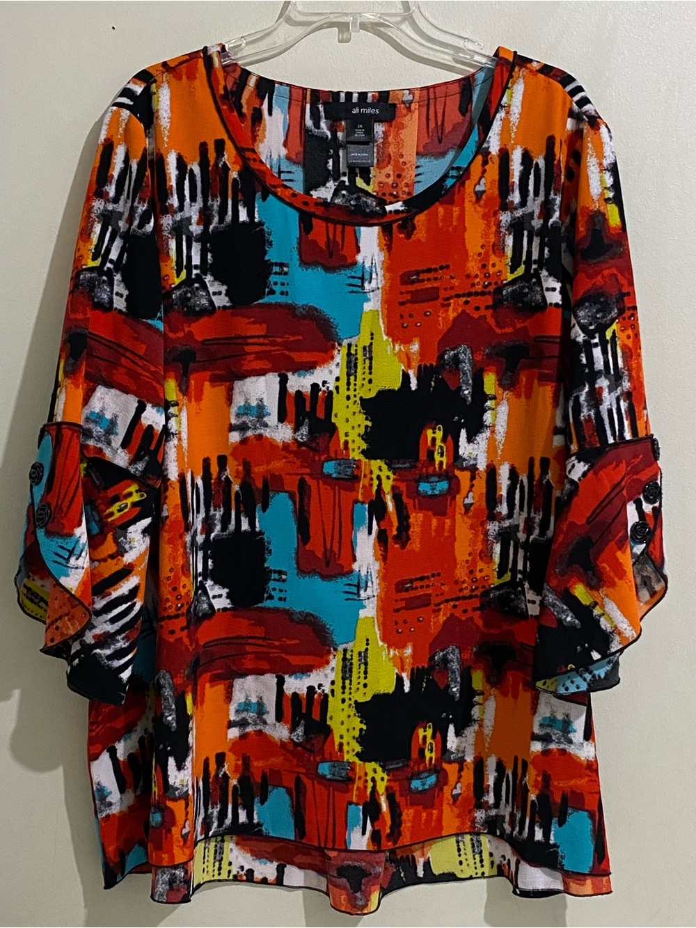 Ali Miles Art to Wear Pop-Over  Multi Abstract Scoop Neck Tunic